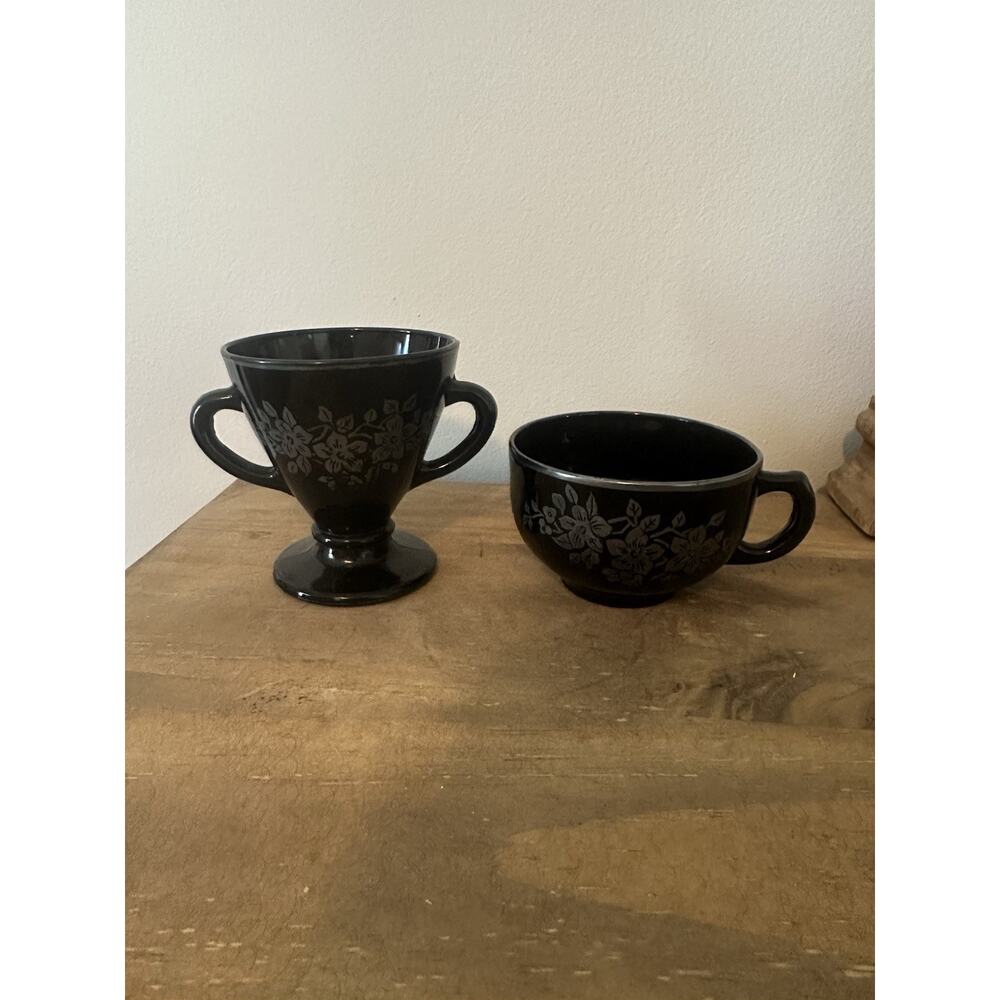 Vintage Black Glass Hazel-Atlas Floral Sterling Pedestal Sugar Bowl & Teacup